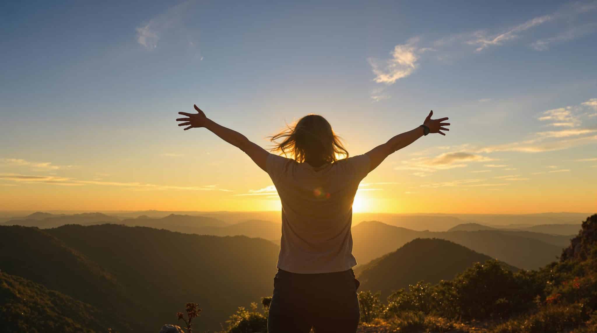 Personne debout sur une montagne, bras ouverts au coucher du soleil.