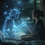 Woman holding hands with a luminous figure.