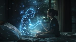 Woman holding hands with a luminous figure.