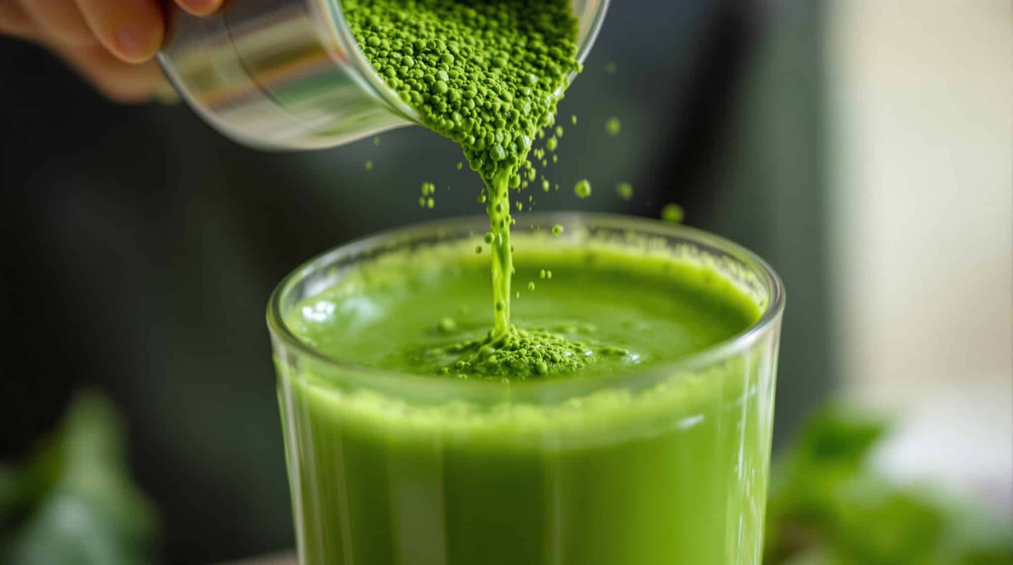 Matcha powder being poured into a glass of green smoothie.