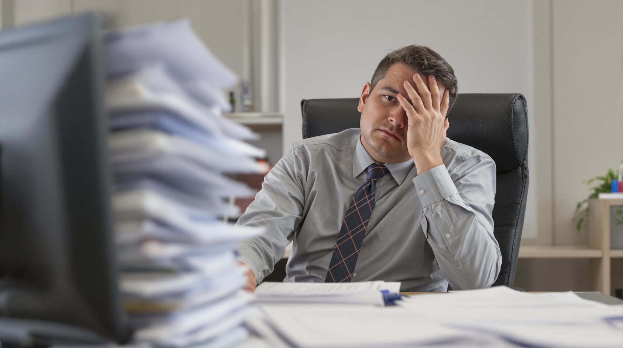 Overwhelmed businessman at desk with stack of papers
