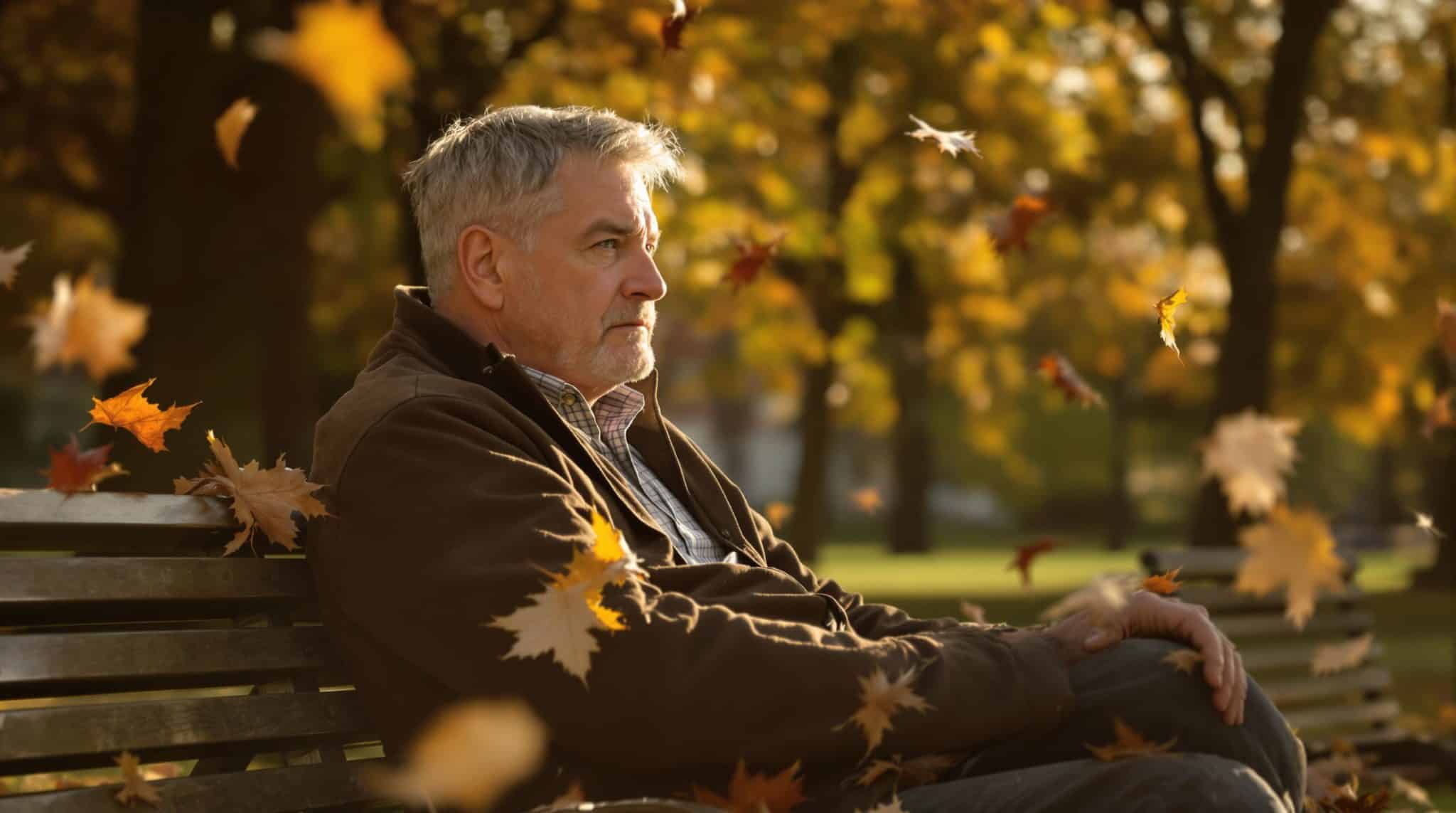 Man sitting on bench in autumn park