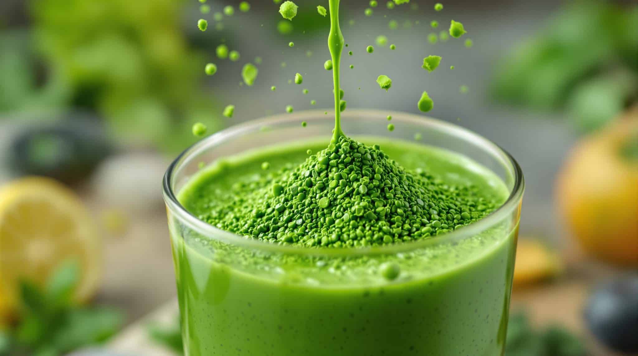 Green smoothie with falling matcha powder.