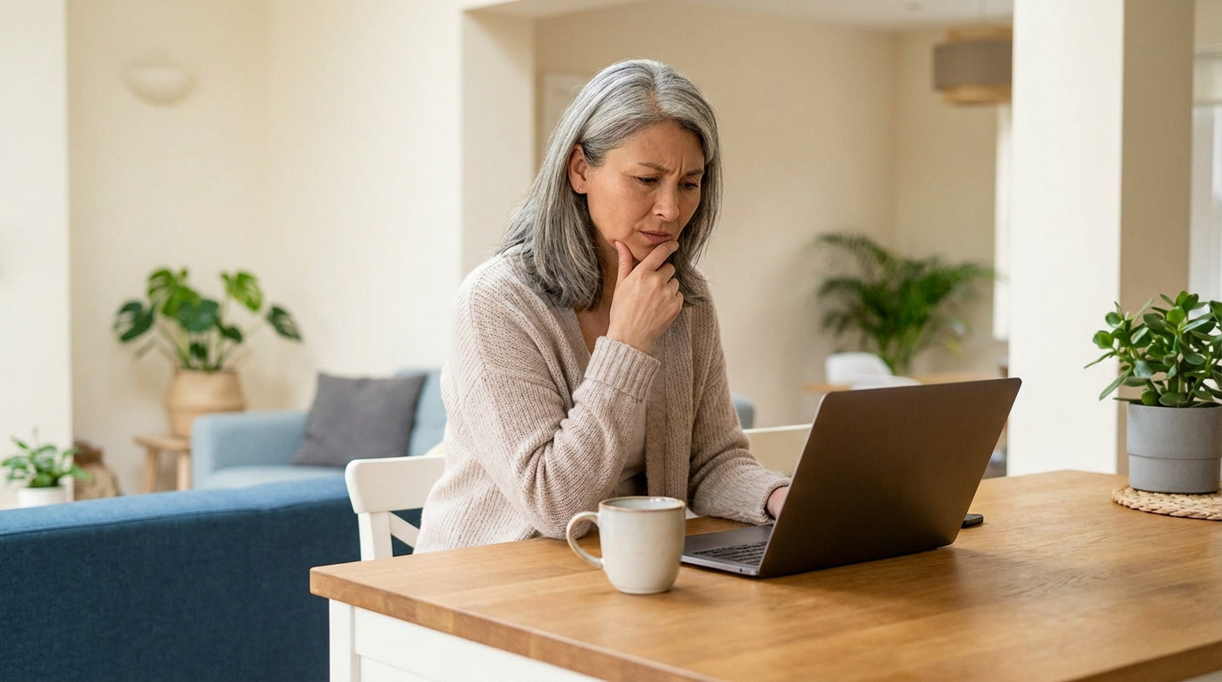 Thoughtful senior woman with gray hair, hand on chin, looking at laptop in modern home, pondering health signals.