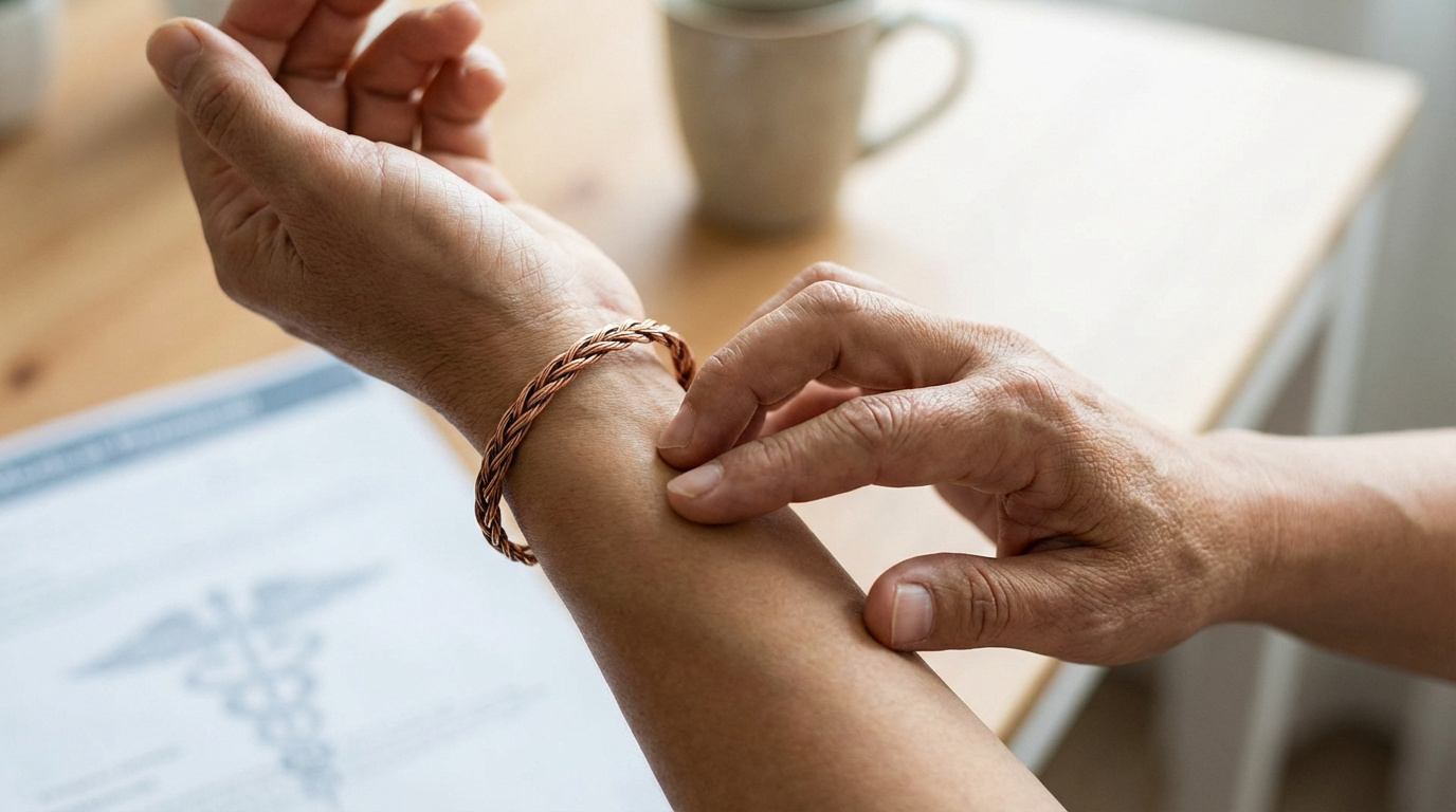 Une main inspecte le poignet d'une personne portant un bracelet en cuivre tressé. Un document médical est en arrière-plan flou.