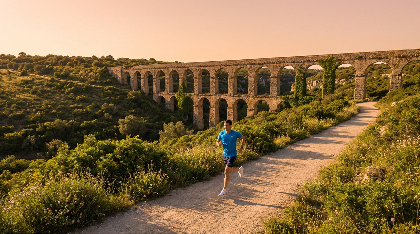 Un coureur sur un sentier en terre, avec un ancien aqueduc en pierre et une végétation luxuriante en arrière-plan. Lumière dorée.