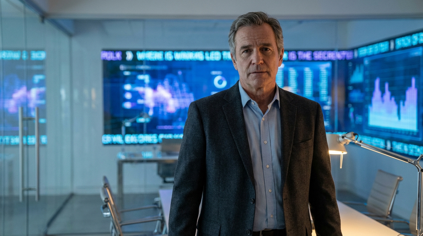 Alain Bauer, homme aux cheveux gris, veste grise, chemise bleue, dans un bureau high-tech avec écrans affichant des données.