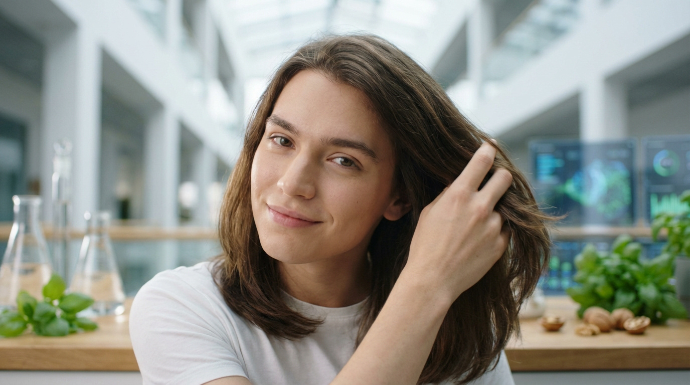 Portrait d'une jeune femme souriante, aux cheveux bruns et brillants, touchant une mèche. Béchers, plantes et noix en arrière-plan.
