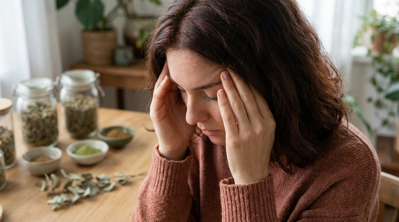 Femme aux cheveux bruns avec un mal de tête, tenant ses tempes, près de pots d'herbes sèches et de poudres végétales.
