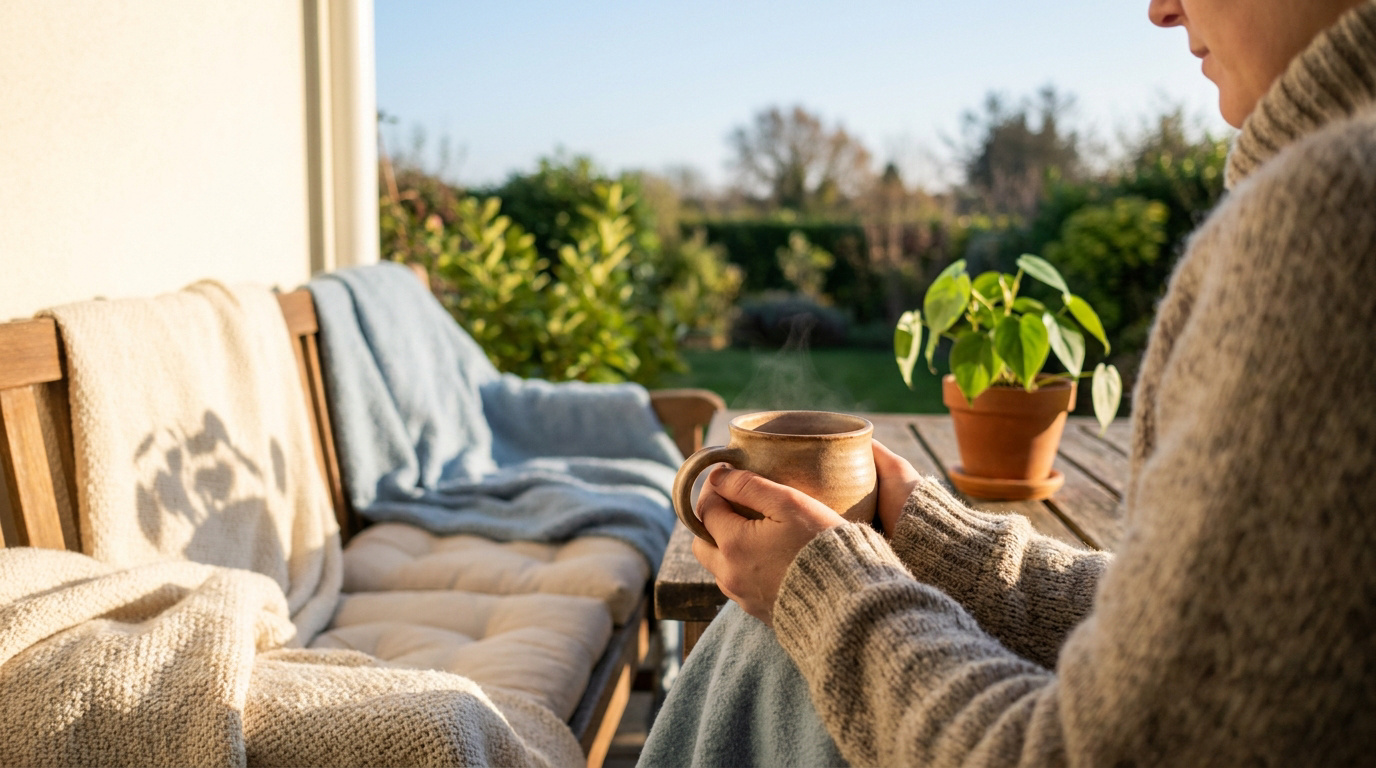 Une personne tient une tasse fumante sur une terrasse ensoleillée, entourée de verdure et de couvertures douillettes.