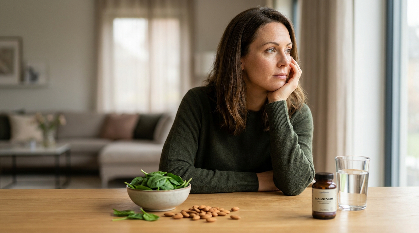 Une femme pensive devant des épinards, des amandes, un supplément de magnésium et de l'eau, illustrant la gestion d'une carence.
