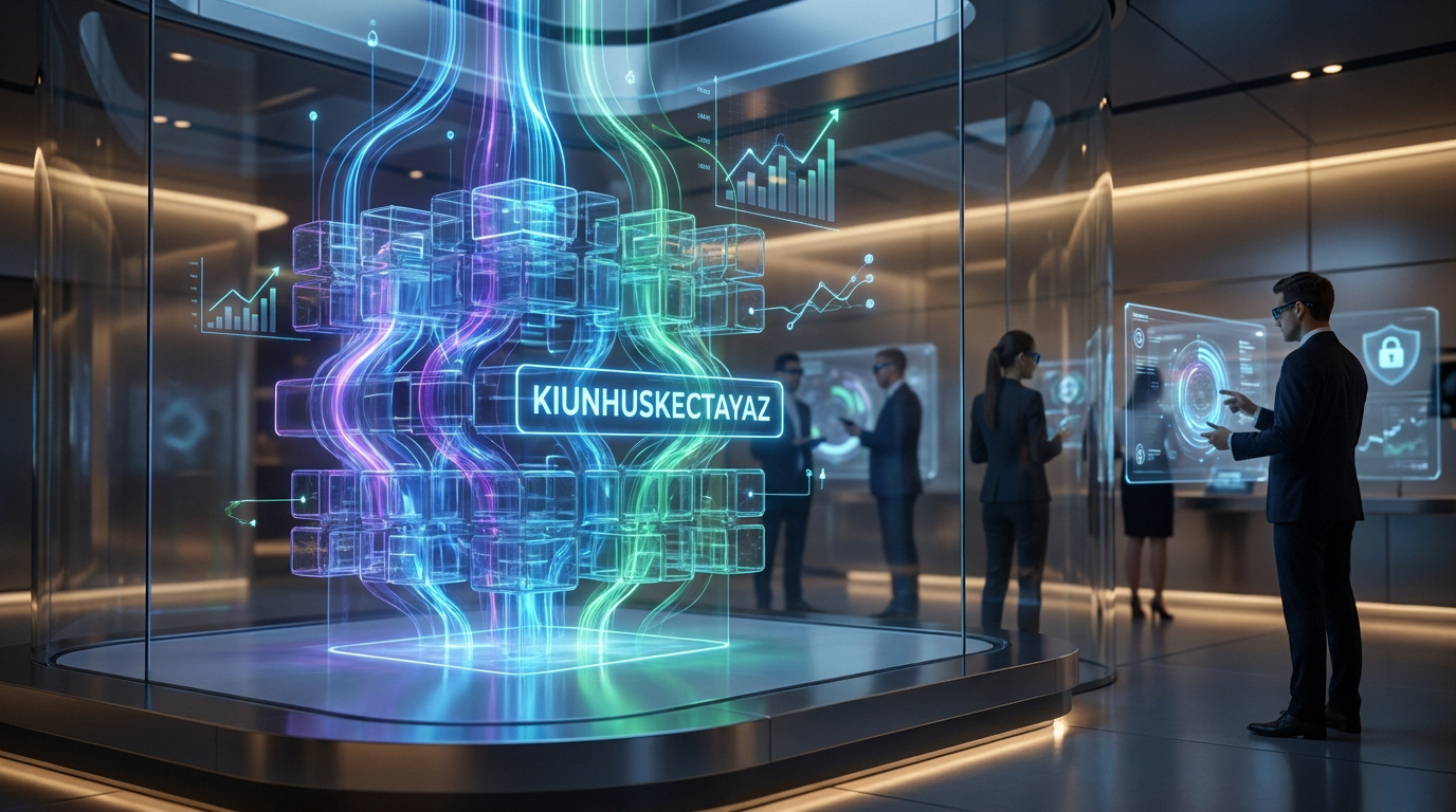Des professionnels interagissent avec des écrans holographiques dans un bureau futuriste, un flux de données affiche 'KIUNHUSKECTAYAZ'.