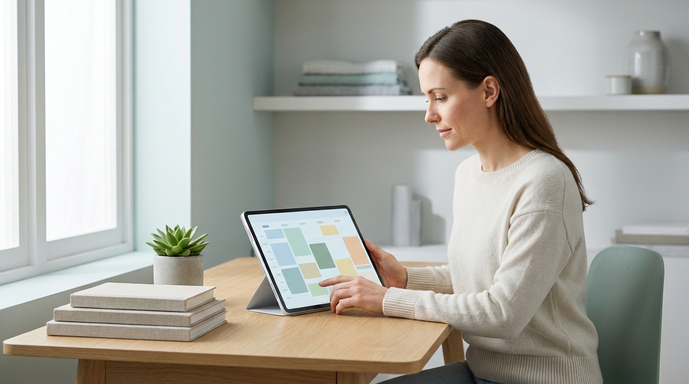 Une femme utilisant une tablette pour gérer son planning de rendez-vous sur un bureau moderne et lumineux.